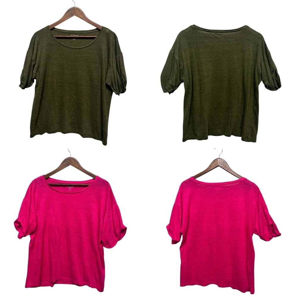 J Crew Womens Top Size L 100 % Linen Roll Cuff Crewneck T-Shirt Lot Of 2 Relaxed